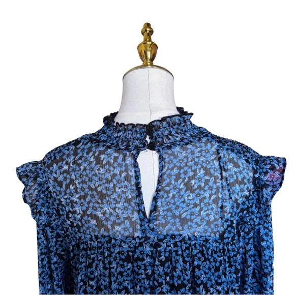 Francesca's Collections Blue Floral Ruched Long Sleeve High Neck Dress - Picture 7 of 11